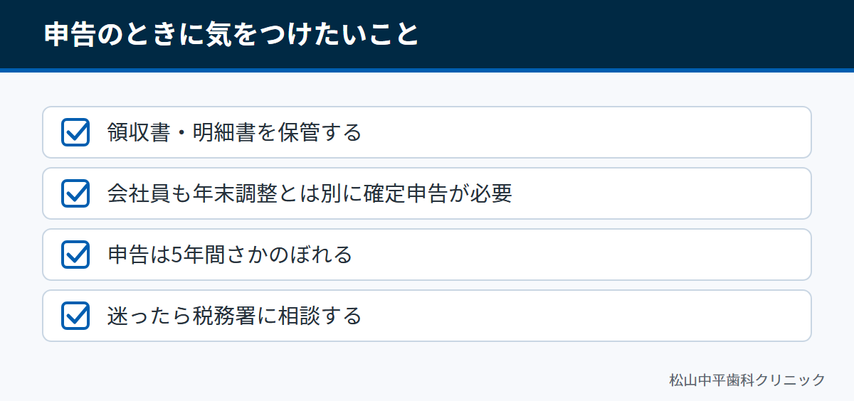 領収書の保管、会社員の確定申告、5年さかのぼれること、税務署への相談という4つの注意点を示した図